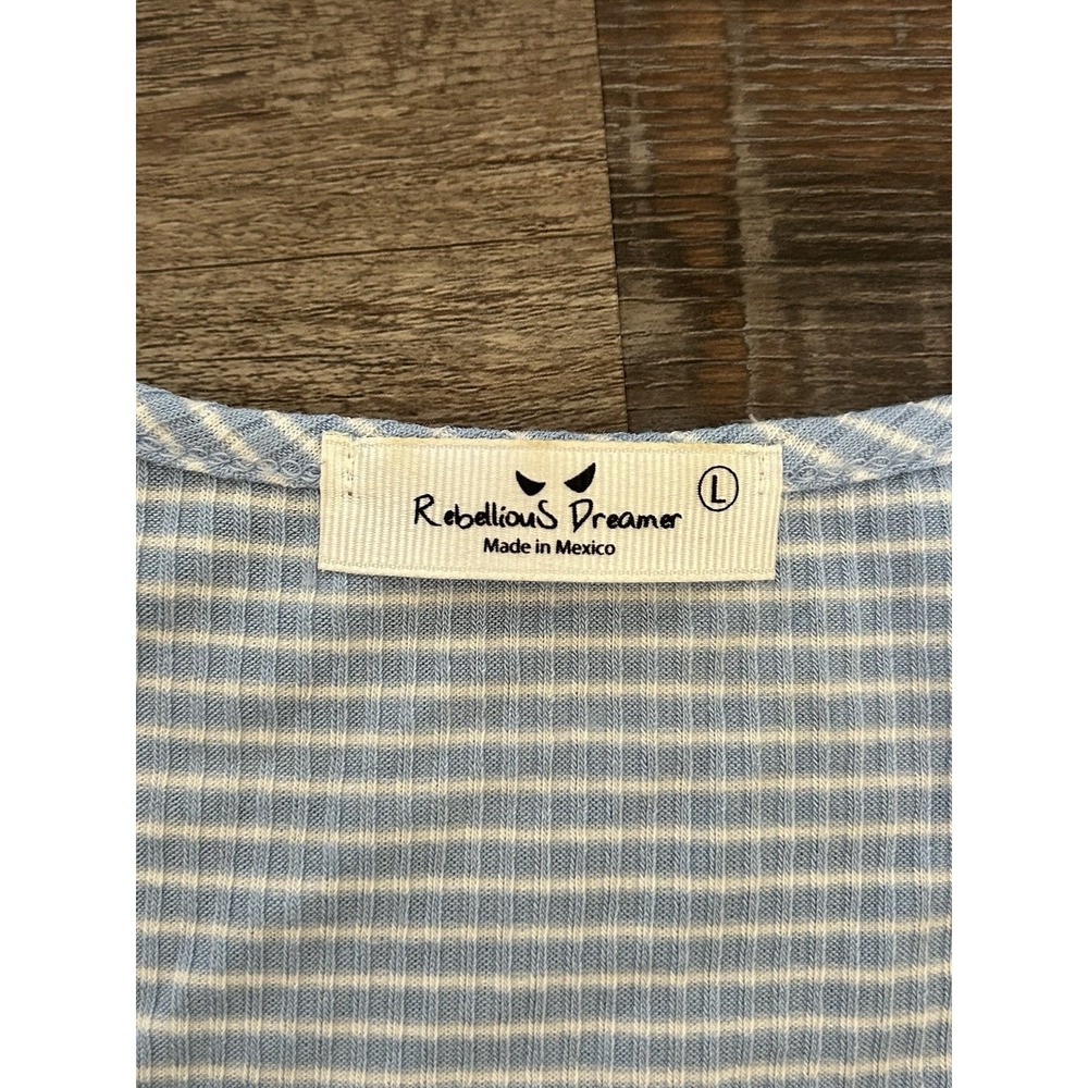 Rebellious Dreamer Blue White Striped Knit V-Neck Ruched Drawstring‎ Tee L - Picture 2 of 2